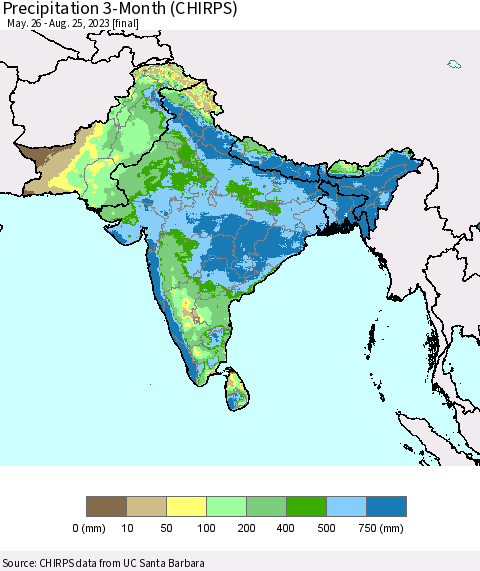 Southern Asia Precipitation 3-Month (CHIRPS) Thematic Map For 5/26/2023 - 8/25/2023
