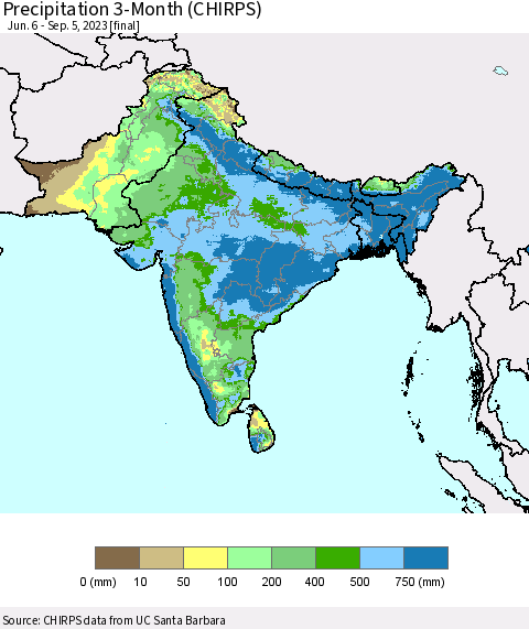 Southern Asia Precipitation 3-Month (CHIRPS) Thematic Map For 6/6/2023 - 9/5/2023