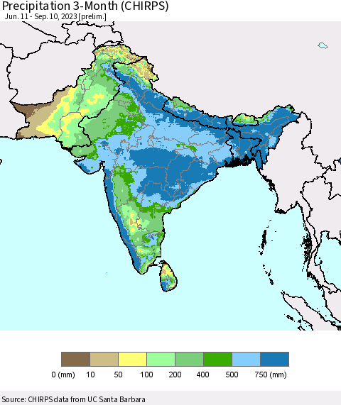 Southern Asia Precipitation 3-Month (CHIRPS) Thematic Map For 6/11/2023 - 9/10/2023