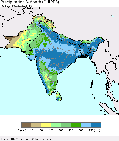 Southern Asia Precipitation 3-Month (CHIRPS) Thematic Map For 6/21/2023 - 9/20/2023