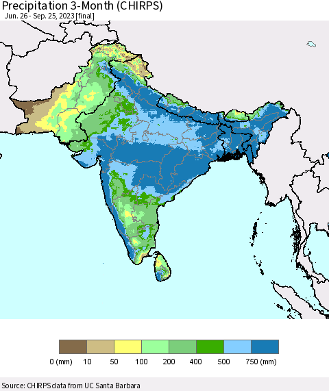Southern Asia Precipitation 3-Month (CHIRPS) Thematic Map For 6/26/2023 - 9/25/2023