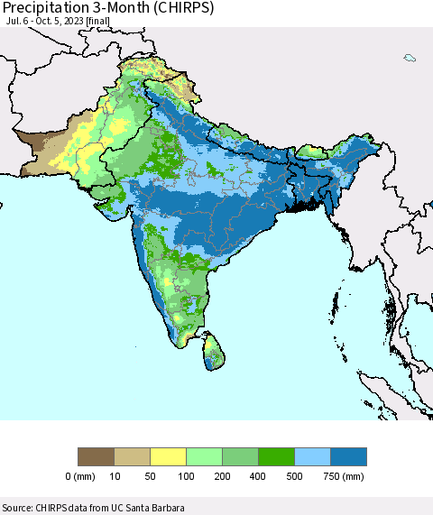 Southern Asia Precipitation 3-Month (CHIRPS) Thematic Map For 7/6/2023 - 10/5/2023