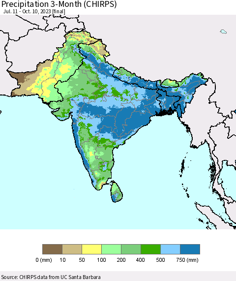 Southern Asia Precipitation 3-Month (CHIRPS) Thematic Map For 7/11/2023 - 10/10/2023