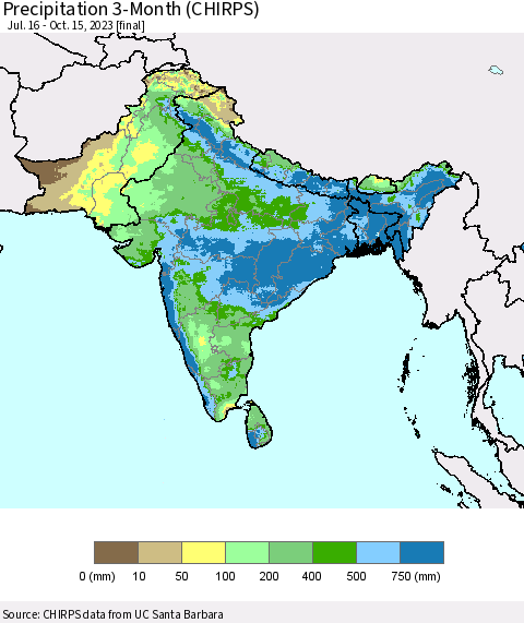 Southern Asia Precipitation 3-Month (CHIRPS) Thematic Map For 7/16/2023 - 10/15/2023