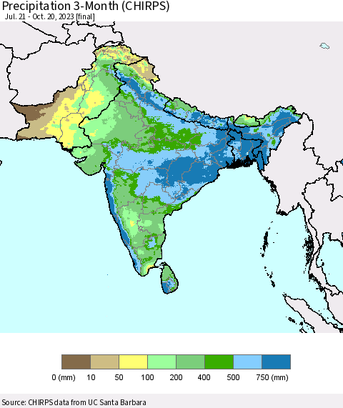 Southern Asia Precipitation 3-Month (CHIRPS) Thematic Map For 7/21/2023 - 10/20/2023