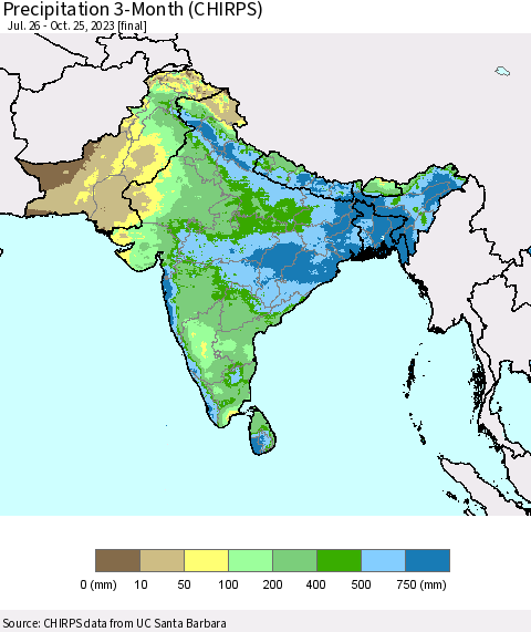 Southern Asia Precipitation 3-Month (CHIRPS) Thematic Map For 7/26/2023 - 10/25/2023