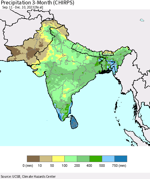 Southern Asia Precipitation 3-Month (CHIRPS) Thematic Map For 9/11/2023 - 12/10/2023