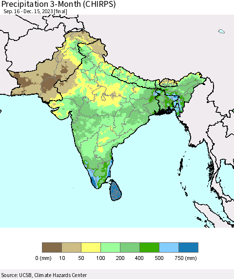 Southern Asia Precipitation 3-Month (CHIRPS) Thematic Map For 9/16/2023 - 12/15/2023
