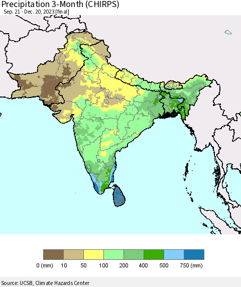 Southern Asia Precipitation 3-Month (CHIRPS) Thematic Map For 9/21/2023 - 12/20/2023
