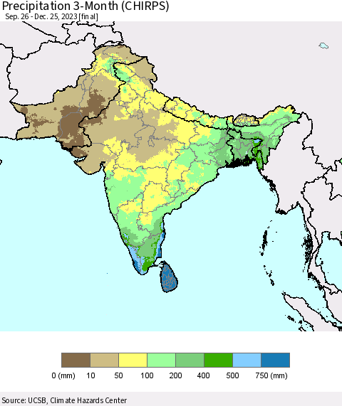 Southern Asia Precipitation 3-Month (CHIRPS) Thematic Map For 9/26/2023 - 12/25/2023