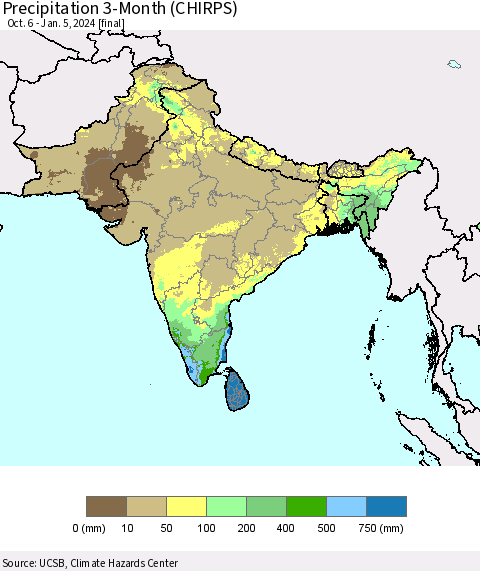 Southern Asia Precipitation 3-Month (CHIRPS) Thematic Map For 10/6/2023 - 1/5/2024
