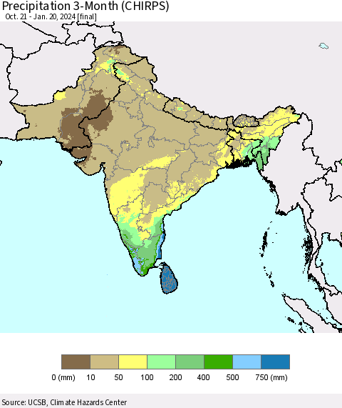 Southern Asia Precipitation 3-Month (CHIRPS) Thematic Map For 10/21/2023 - 1/20/2024