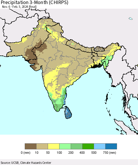 Southern Asia Precipitation 3-Month (CHIRPS) Thematic Map For 11/6/2023 - 2/5/2024