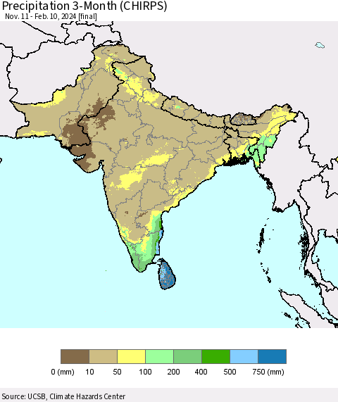 Southern Asia Precipitation 3-Month (CHIRPS) Thematic Map For 11/11/2023 - 2/10/2024