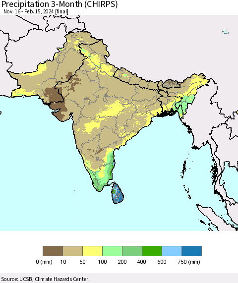 Southern Asia Precipitation 3-Month (CHIRPS) Thematic Map For 11/16/2023 - 2/15/2024