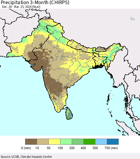 Southern Asia Precipitation 3-Month (CHIRPS) Thematic Map For 12/26/2023 - 3/25/2024