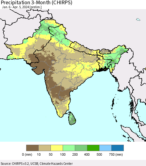 Southern Asia Precipitation 3-Month (CHIRPS) Thematic Map For 1/6/2024 - 4/5/2024