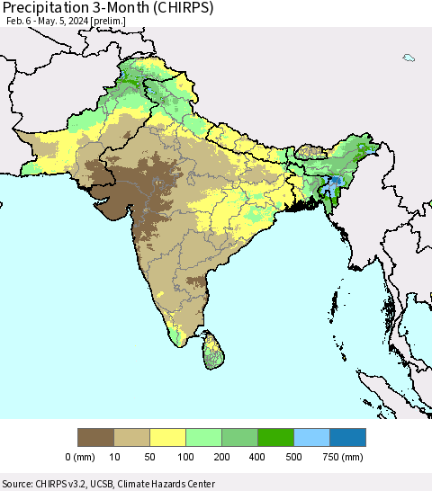 Southern Asia Precipitation 3-Month (CHIRPS) Thematic Map For 2/6/2024 - 5/5/2024