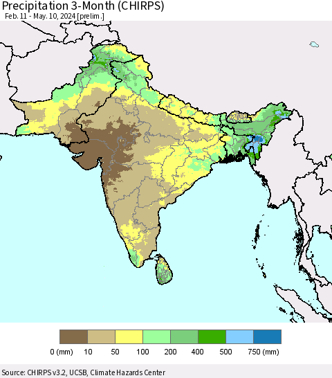 Southern Asia Precipitation 3-Month (CHIRPS) Thematic Map For 2/11/2024 - 5/10/2024