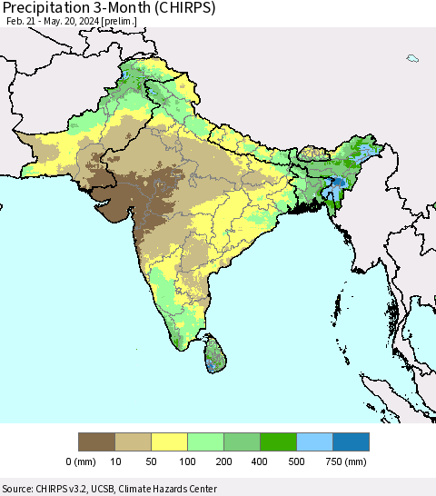 Southern Asia Precipitation 3-Month (CHIRPS) Thematic Map For 2/21/2024 - 5/20/2024
