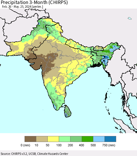 Southern Asia Precipitation 3-Month (CHIRPS) Thematic Map For 2/26/2024 - 5/25/2024
