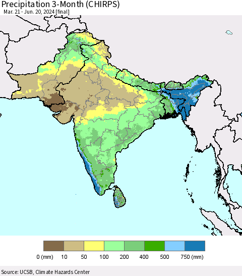 Southern Asia Precipitation 3-Month (CHIRPS) Thematic Map For 3/21/2024 - 6/20/2024