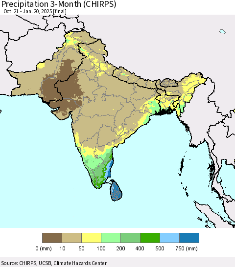 Southern Asia Precipitation 3-Month (CHIRPS) Thematic Map For 10/21/2024 - 1/20/2025