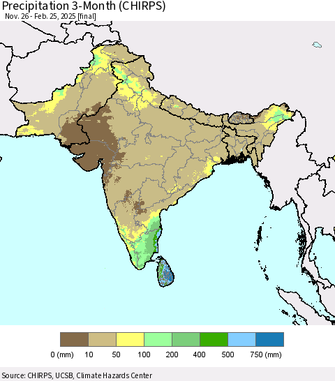Southern Asia Precipitation 3-Month (CHIRPS) Thematic Map For 11/26/2024 - 2/25/2025