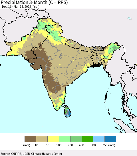 Southern Asia Precipitation 3-Month (CHIRPS) Thematic Map For 12/16/2024 - 3/15/2025