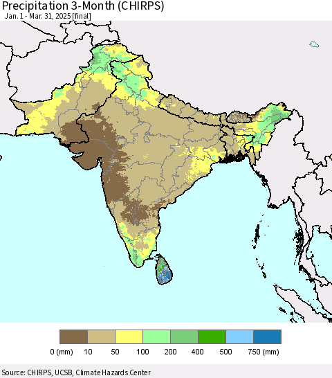Southern Asia Precipitation 3-Month (CHIRPS) Thematic Map For 1/1/2025 - 3/31/2025