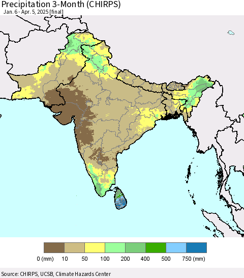 Southern Asia Precipitation 3-Month (CHIRPS) Thematic Map For 1/6/2025 - 4/5/2025