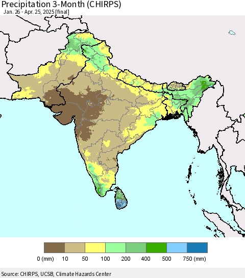 Southern Asia Precipitation 3-Month (CHIRPS) Thematic Map For 1/26/2025 - 4/25/2025