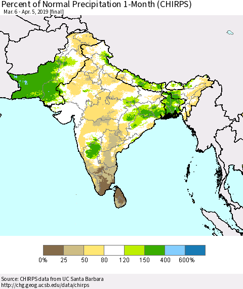 Southern Asia Percent of Normal Precipitation 1-Month (CHIRPS) Thematic Map For 3/6/2019 - 4/5/2019