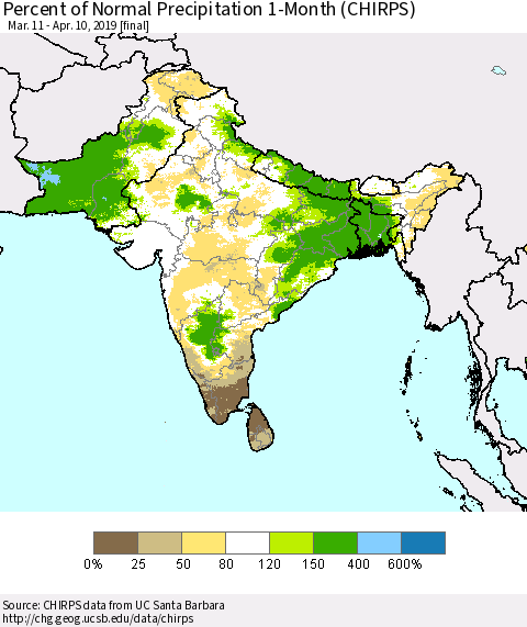 Southern Asia Percent of Normal Precipitation 1-Month (CHIRPS) Thematic Map For 3/11/2019 - 4/10/2019