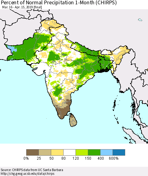 Southern Asia Percent of Normal Precipitation 1-Month (CHIRPS) Thematic Map For 3/16/2019 - 4/15/2019