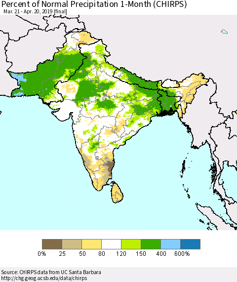 Southern Asia Percent of Normal Precipitation 1-Month (CHIRPS) Thematic Map For 3/21/2019 - 4/20/2019