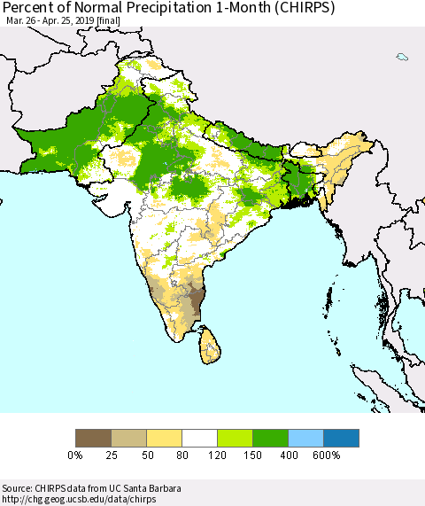 Southern Asia Percent of Normal Precipitation 1-Month (CHIRPS) Thematic Map For 3/26/2019 - 4/25/2019