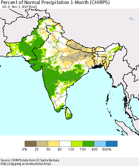 Southern Asia Percent of Normal Precipitation 1-Month (CHIRPS) Thematic Map For 10/6/2019 - 11/5/2019