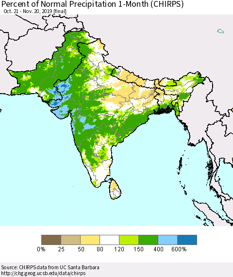 Southern Asia Percent of Normal Precipitation 1-Month (CHIRPS) Thematic Map For 10/21/2019 - 11/20/2019