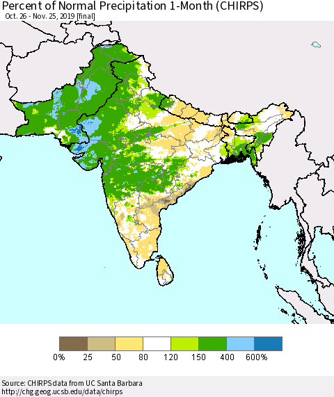 Southern Asia Percent of Normal Precipitation 1-Month (CHIRPS) Thematic Map For 10/26/2019 - 11/25/2019