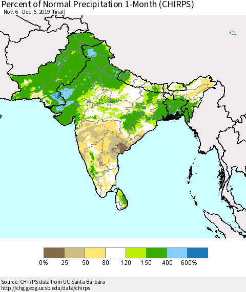 Southern Asia Percent of Normal Precipitation 1-Month (CHIRPS) Thematic Map For 11/6/2019 - 12/5/2019