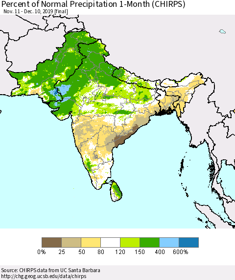 Southern Asia Percent of Normal Precipitation 1-Month (CHIRPS) Thematic Map For 11/11/2019 - 12/10/2019