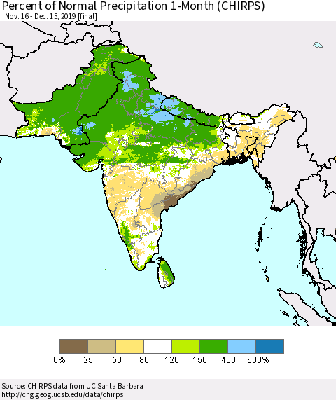 Southern Asia Percent of Normal Precipitation 1-Month (CHIRPS) Thematic Map For 11/16/2019 - 12/15/2019