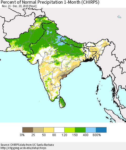 Southern Asia Percent of Normal Precipitation 1-Month (CHIRPS) Thematic Map For 11/21/2019 - 12/20/2019