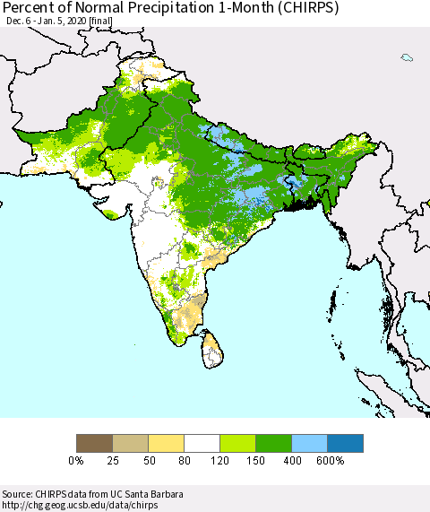 Southern Asia Percent of Normal Precipitation 1-Month (CHIRPS) Thematic Map For 12/6/2019 - 1/5/2020