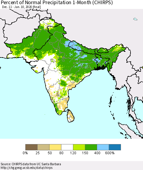Southern Asia Percent of Normal Precipitation 1-Month (CHIRPS) Thematic Map For 12/11/2019 - 1/10/2020