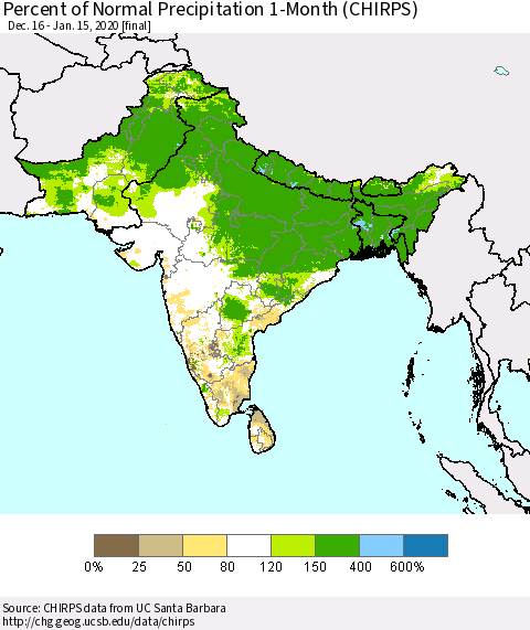 Southern Asia Percent of Normal Precipitation 1-Month (CHIRPS) Thematic Map For 12/16/2019 - 1/15/2020