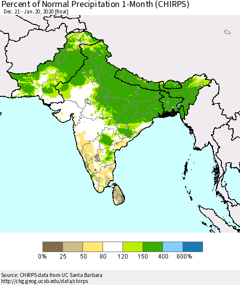 Southern Asia Percent of Normal Precipitation 1-Month (CHIRPS) Thematic Map For 12/21/2019 - 1/20/2020