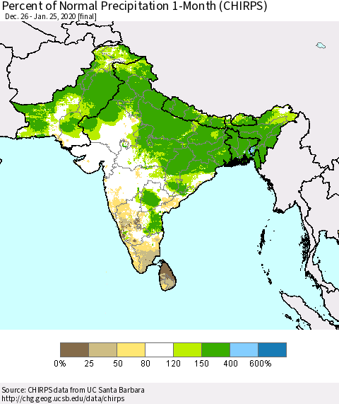 Southern Asia Percent of Normal Precipitation 1-Month (CHIRPS) Thematic Map For 12/26/2019 - 1/25/2020