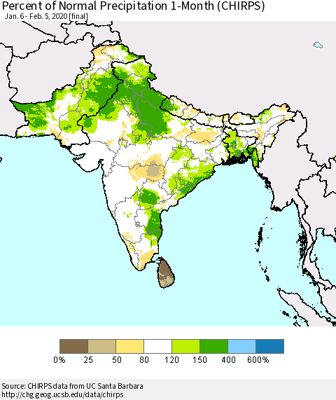 Southern Asia Percent of Normal Precipitation 1-Month (CHIRPS) Thematic Map For 1/6/2020 - 2/5/2020